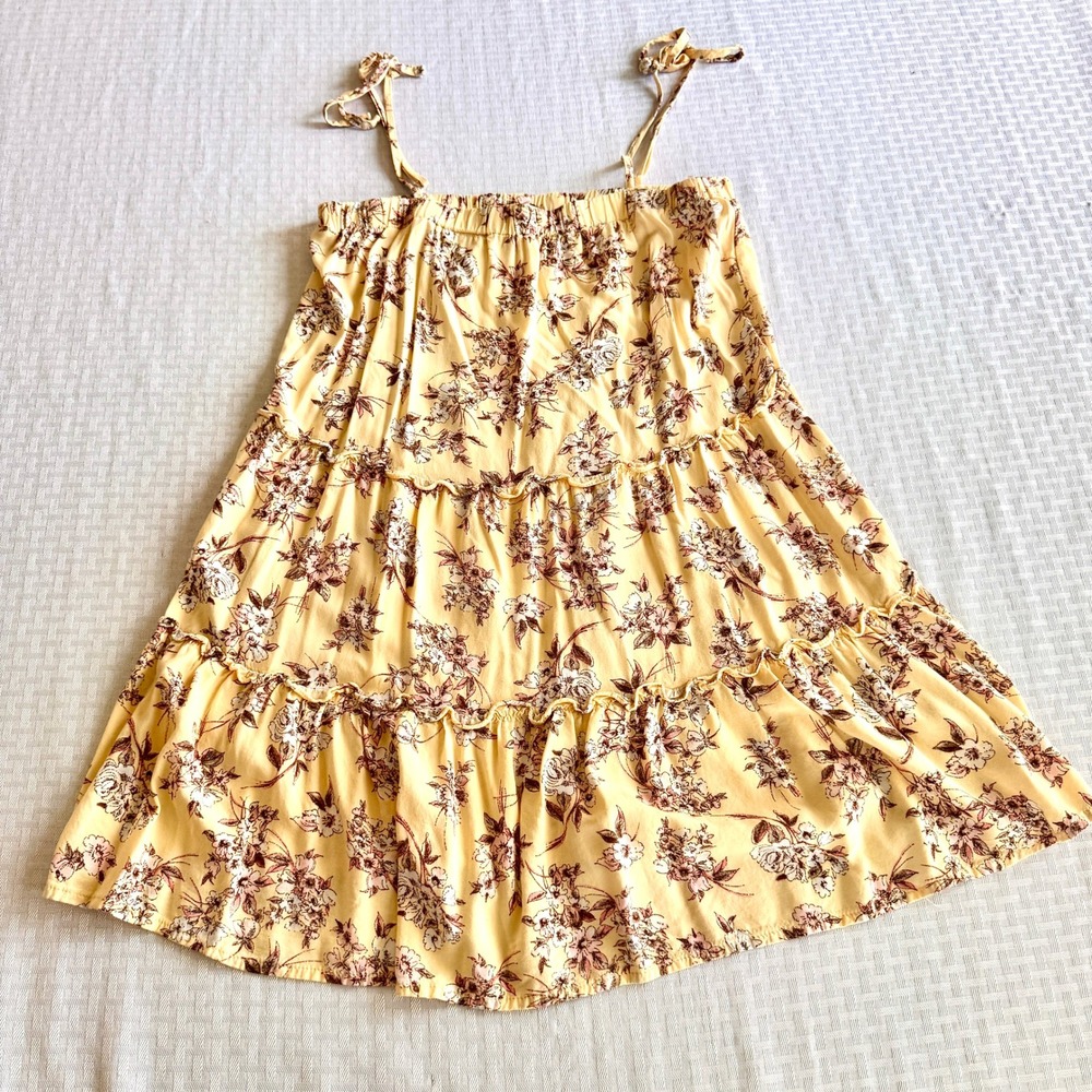 AS U WISH Yellow Floral Tiered Mini Dress Tie Strap Cottagecore Boho‎ Size L